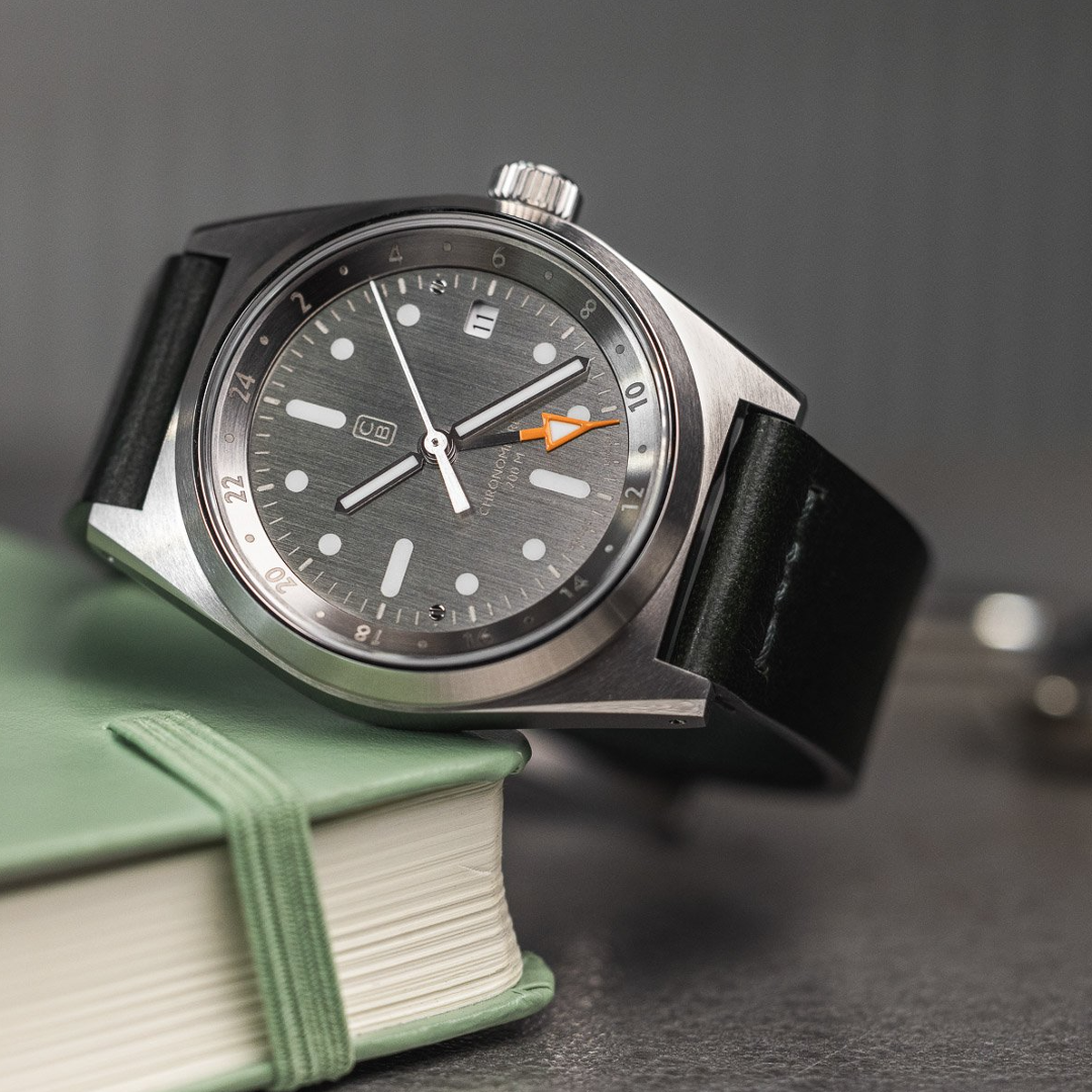 Sustainable watch made of recycled stainless steel with GMT and date complications, Swiss made self-winding mechanical Soprod C125