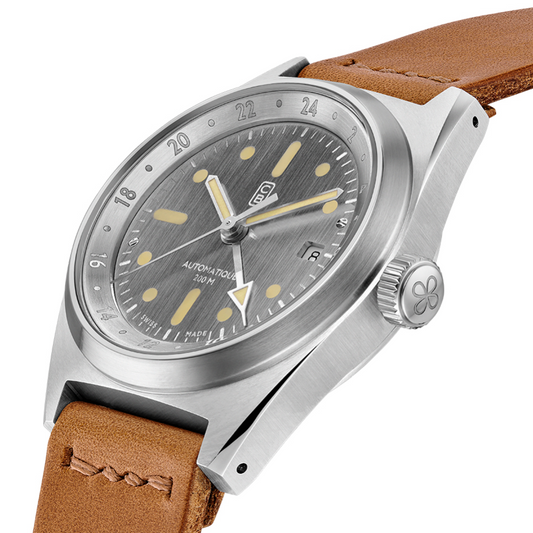 Sustainable watch chronometer officaily COSC certified made of 100% recycled stainless steel, raw dial, GMT and date complications, Swiss made, old radium superluminova and heandmade leather strap