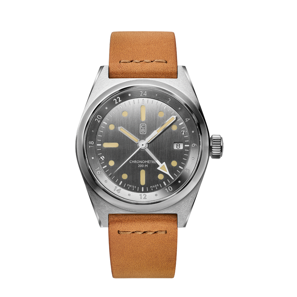 CB01 NK60 raw dial mechanical watch made of recycled stainless steel, brown handmade strap, white hand tip, GMT function, COSC chronometer