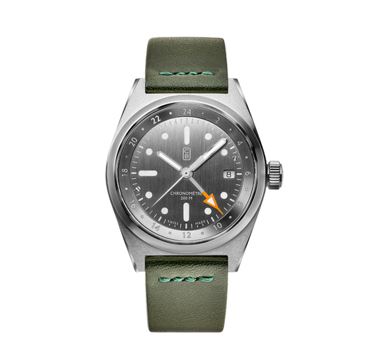CB01 NK90 raw dial mechanical watch made of recycled stainless steel, olive green handmade strap, orange hand tip, GMT function, COSC chronometer