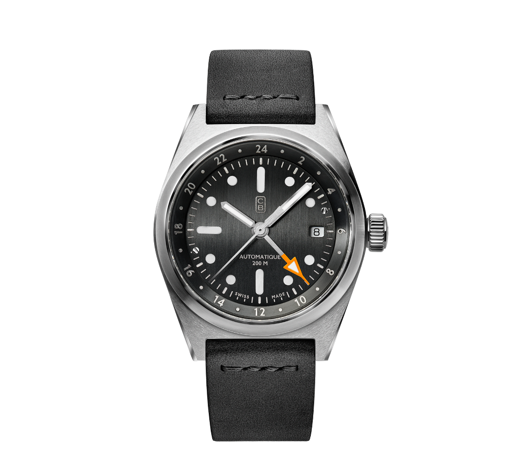CB01 90 Black dial mechanical watch made of recycled stainless steel, black handmade strap, orange hand tip, GMT function