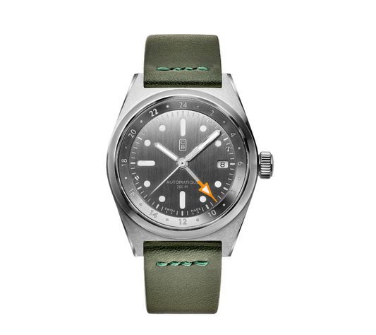 CB01 NK90 mechanical watch made of recycled stainless steel, olive green handmade strap, orange hand tip, GMT function
