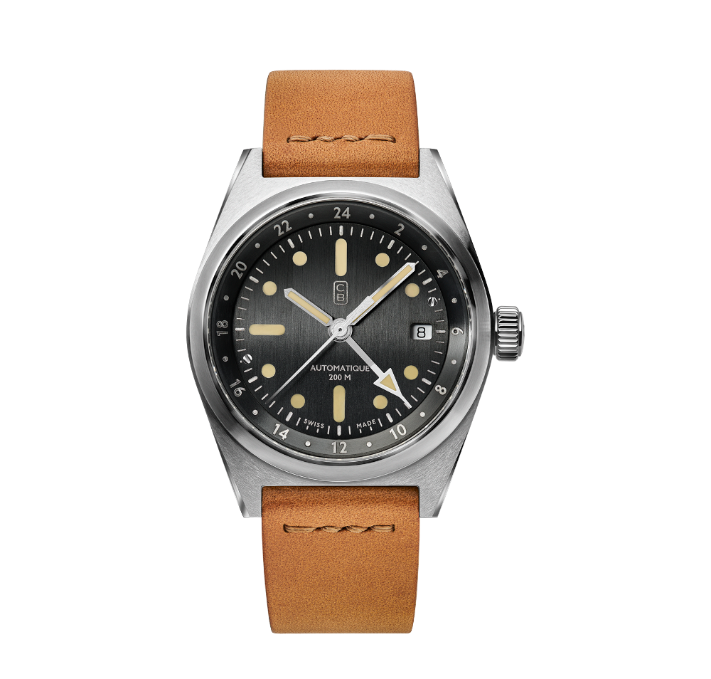 CB01 60 black dial automatic watch made of recycled stainless steel, brown handmade strap