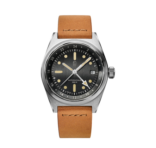 CB01 60 black dial automatic watch made of recycled stainless steel, brown handmade strap