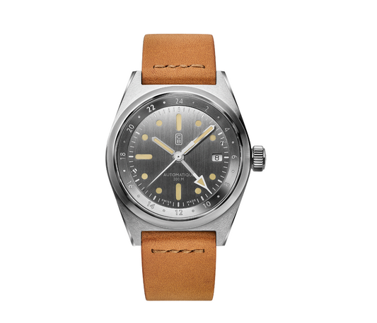 CB01 NK60 raw dial automatic watch made of recycled stainless steel, brown handmade strap