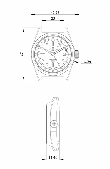 Dimensions of the CB-01-GMT sustainable tool watch Swiss made