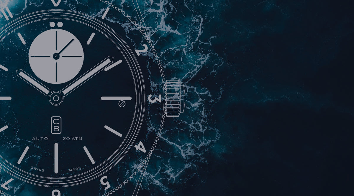 Blueprint of the CB01 Ti above waves of deep blue water