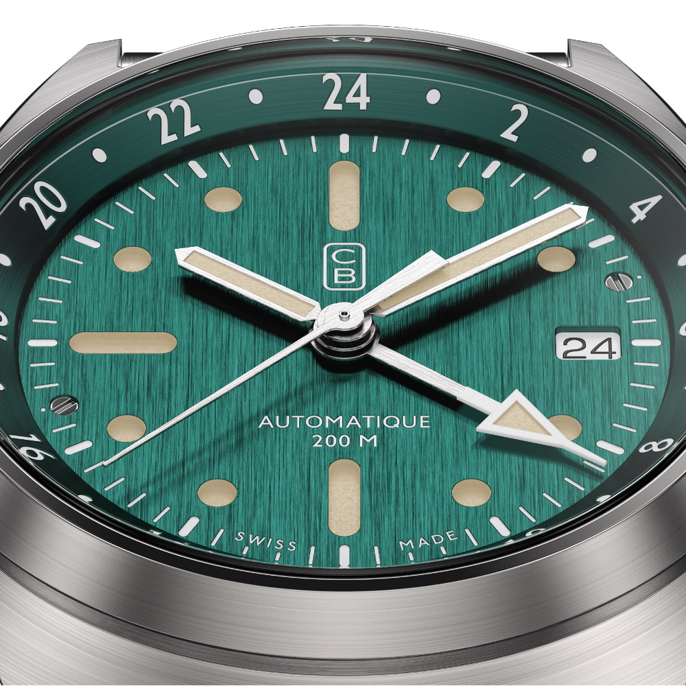 CB01 GMT men watch blue dial closeup. Tool watch made of PuReSteel, the world's first recycled stainless steel. Old radium superluminova. Swiss made