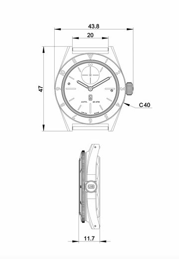 Blueprint and dimensions of the automatic watch CB01