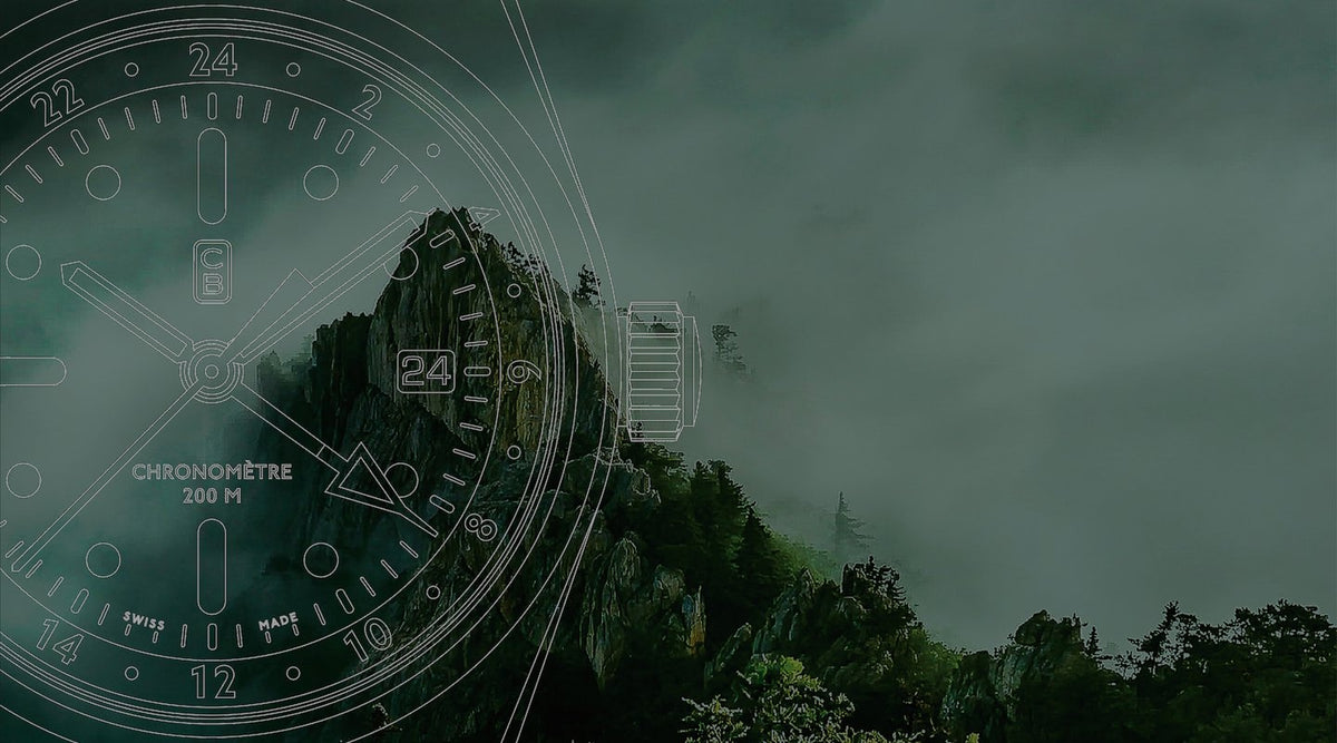 Blueprint of the CB01-GMT Swiss made tool watch, green mountain as background, few clouds