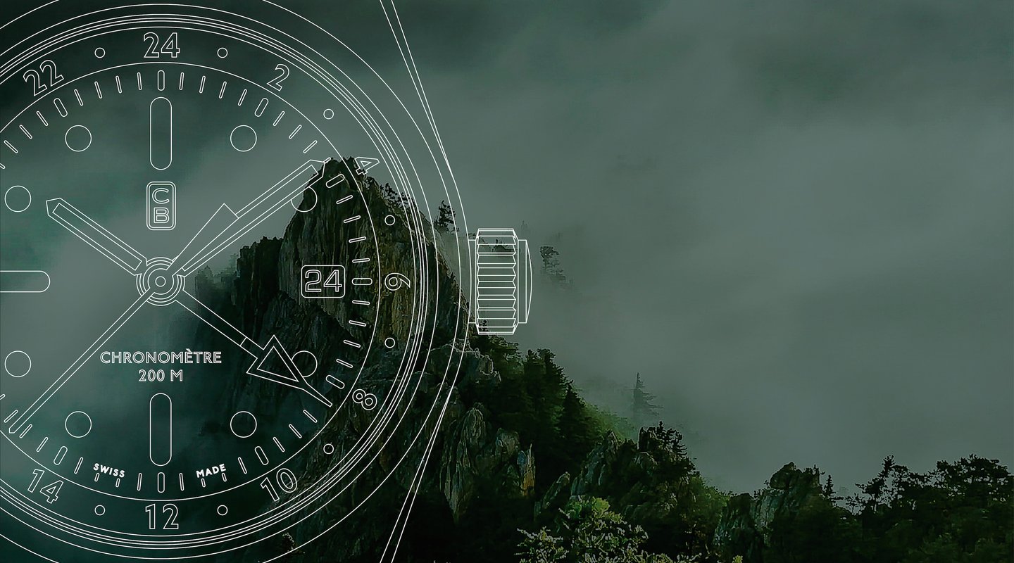 Blueprint of the CB01-GMT Swiss made tool watch, green mountain as background, few clouds